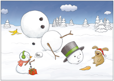 Postcard | Oops... (Rabbit teases snowman)
