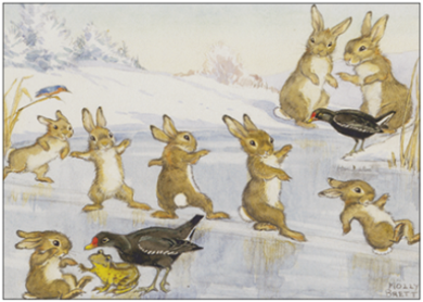Postcard Molly Brett | Rabbits sliding on ice