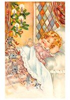 Victorian Postcard | A.N.B. - Kerstelf loopt op het bed van een slapend kind