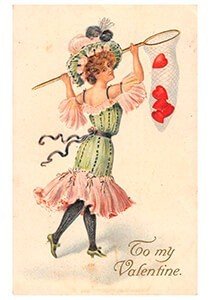 Victorian Valentine Postcard | A.N.B. - Jongedame met een net vol hartjes
