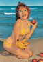 Postcard Blast From the Past | Woman with fruit on the beach