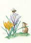 Postcard Molly Brett | A bee sits atop a purple flower as a mouse watches on