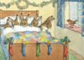 Postcard Molly Brett | Five Rabbits Tucked Up Warm 