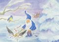 Postcard Dorothea Schmidt - Dwarf feeds the birds in the snow