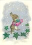 Postcard Molly Brett | Rabbit Holding Present In Falling Snow, With Ivy