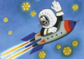 Postcard Krtek - Der kleine Maulwurf - The little mole flies in rocket