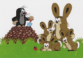Postcard Krtek - Der kleine Maulwurf - Mole on mole hill with rabbit family