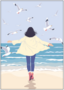 Postcard | Woman on the beach with seagulls