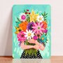 Postcard Woman Holding Flowers Blue - Aniet Illustration