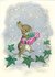 Postcard Molly Brett | Rabbit Holding Present In Falling Snow, With Ivy_