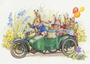 Postcard Audrey Tarrant | Rabbit Family Riding In Motorcycle And Sidecar _