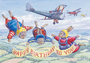 Postcard Audrey Tarrant | Three Rabbit Skydivers With 3 Biplanes In Sky _
